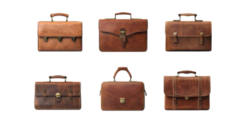 Briefcase Set in Different Poses on Transparent Background for Business Illustration, Office Concept, or Corporate Design