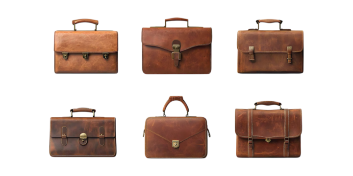 Briefcase Set in Different Poses on Transparent Background for Business Illustration, Office Concept, or Corporate Design