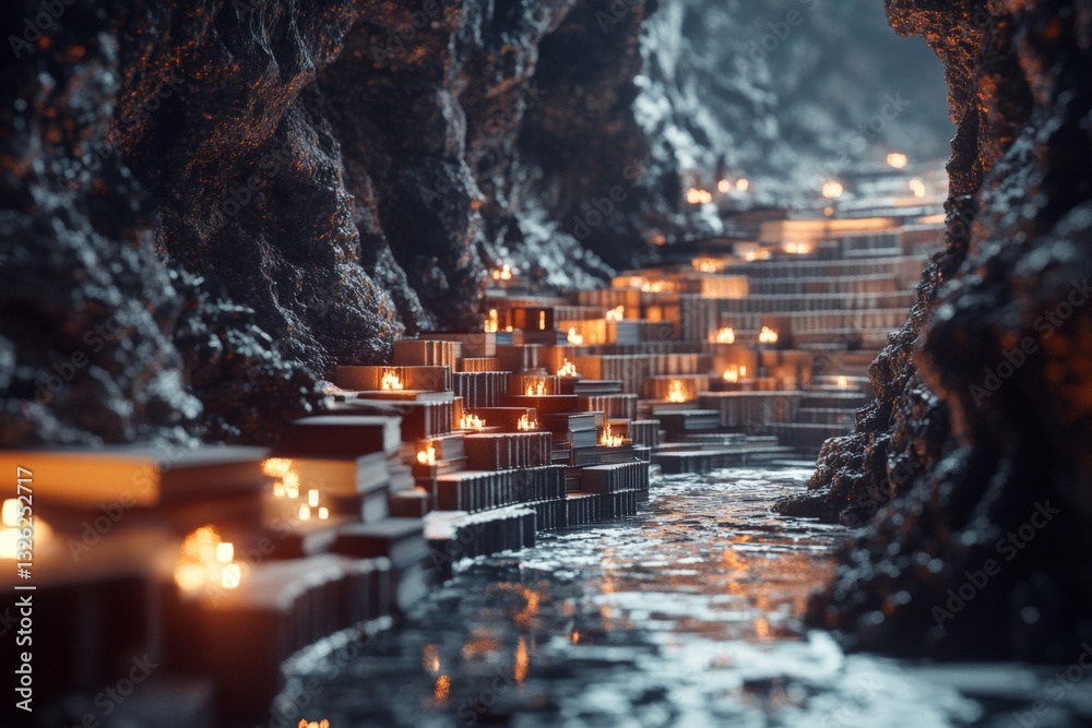 Fototapete mysterious pathway illuminated by candles within a dark cave setting at twilight