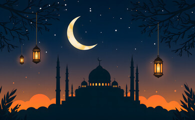 Ramadan Night Sky with Crescent Moon, Lanterns, and Mosque Silhouette