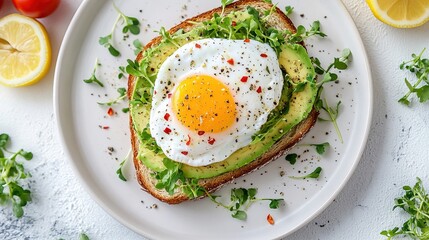 Organic Avocado Toast with Poached Egg, Microgreens, Chili Flakes, and Fresh Ingredients Like Tomatoes and Lemon Slices, Highlighted by Soft Natural Light.