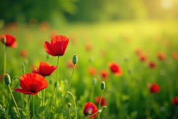 Obraz premium Red poppies scattered across a lush green summer meadow , flora, rural