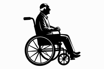 elderly man sitting in a wheelchair line art silhouette vector illustration