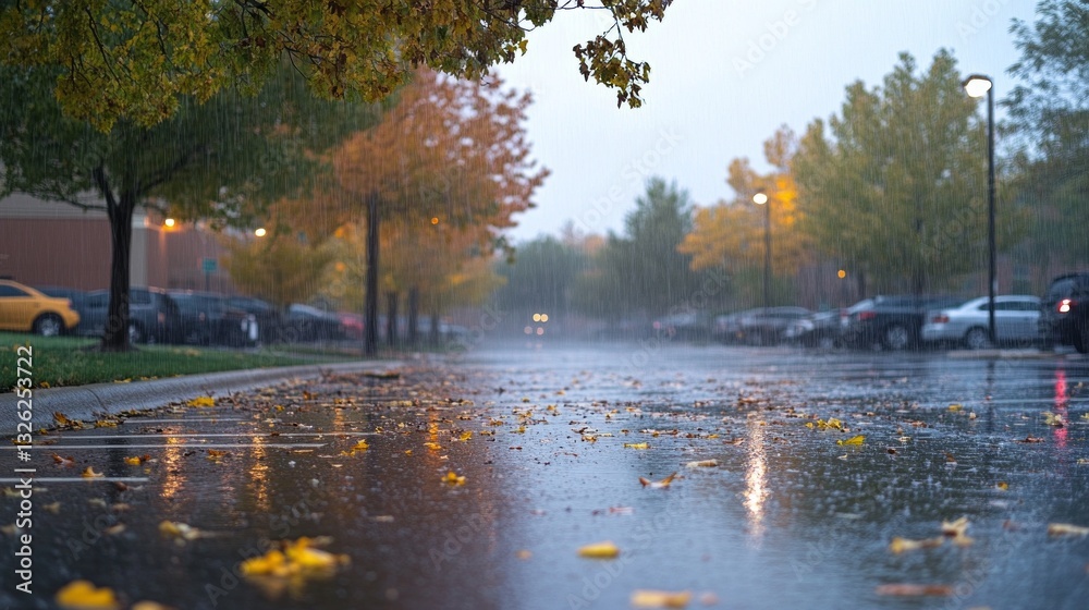 Poster rain cascades steadily in a parking lot, blending with fallen leaves to create a glistening canvas. 
