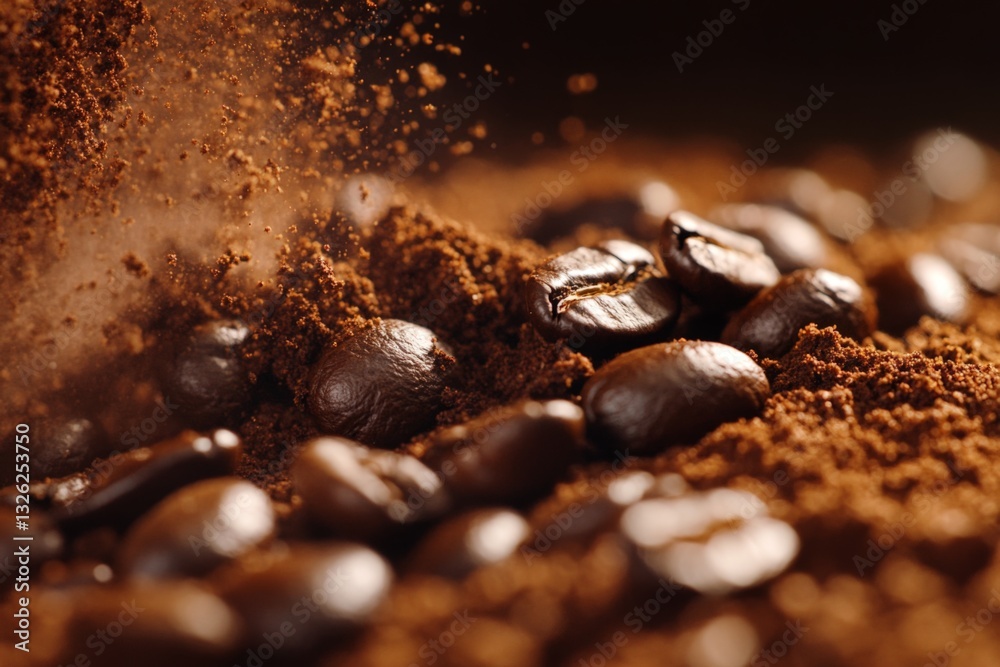 Poster rich coffee grounds and roasted beans displayed in a warm, inviting setting for brewing aromatic bev