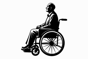 elderly man sitting in a wheelchair line art silhouette vector illustration