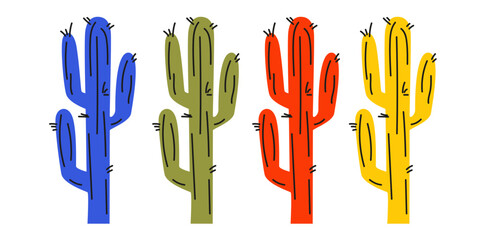 Abstract colorful cactus set. Vintage style cartoon cactus illustration collection. A plant that grows in the desert. Tropical plant vector illustration