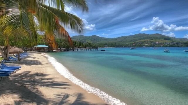 Tropical beach scene with palm trees and clear turquoise waters for travel magazine