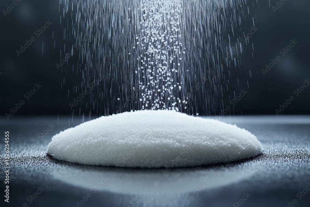 Poster White sugar granules falling onto a mound, creating a sparkling pile on a dark reflective surface in an abstract setting