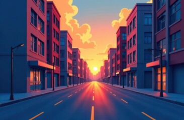 Naklejka premium City sunset with vivid colors illuminating empty street amid buildings