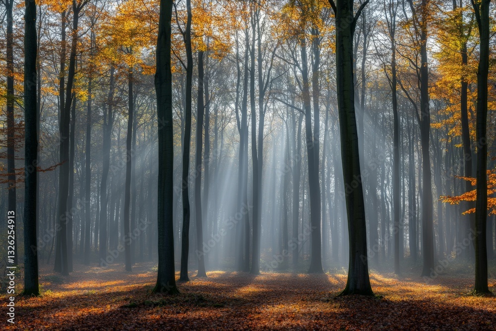 Aufkleber sunlight filters through autumn trees in a tranquil forest during early morning hours