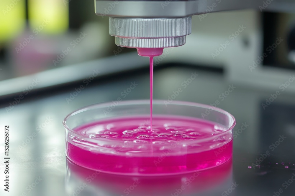 Aufkleber microscope focusing on pink liquid dropping into a petri dish in a laboratory setting during dayligh