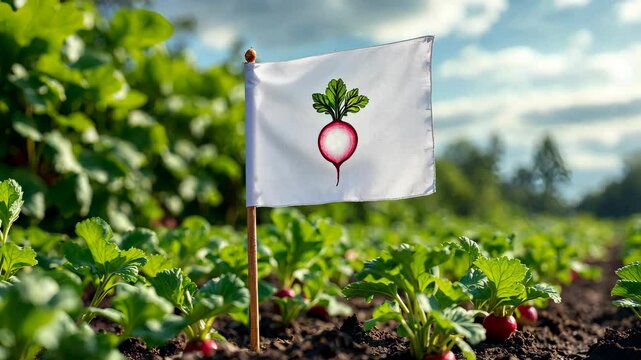 Radish Field: A miniature flag bearing a radish emblem proudly waves amidst rows of lush radish plants in a vibrant field, celebrating the bounty of the harvest.