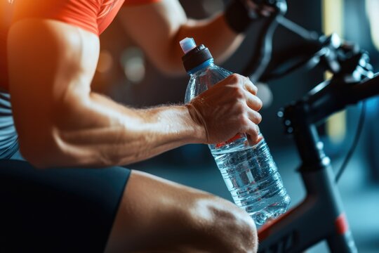 Athlete Staying Hydrated on Spinning Bike During Intense Indoor Training Session