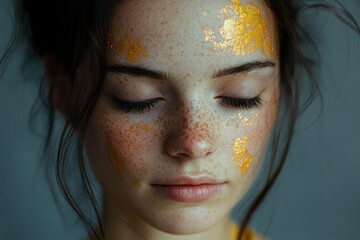 Caucasian Beauty: Young Woman with Freckles and Honey Emulsion on Skin, Captivating Indoor Portrait Against a Neutral Background