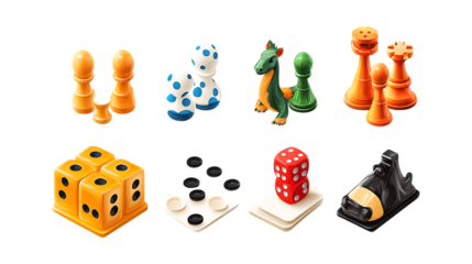 PNG Board Game Set in Different Poses on Transparent Background for Gaming Illustration, Family Entertainment Branding, or Fun Activity Design