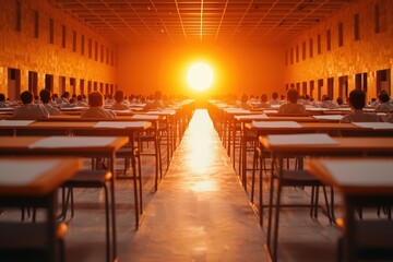 Naklejka premium Dramatic Sunset Over Empty Classroom Evoking Themes of Education and Reflection