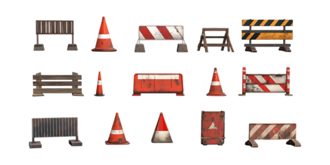 Pack Barricade Set in Different Poses Against Transparent Background for Safety Design, Construction Illustration, or Security Branding