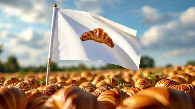 Croissant Conquest: A sea of fresh croissants stretches to the horizon, a flag bearing the image of a croissant proudly waves.