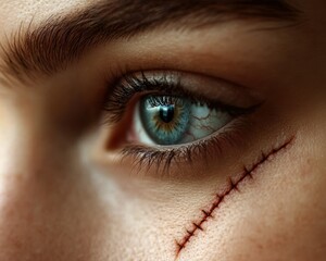 Obraz premium Close-Up of a Girl's Face with Prominent Scar Near the Eye, Highlighting Skin Concerns in Cosmetology