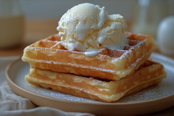 Delicious Waffles Stacked With Creamy Ice Cream Served on a Decorative Plate