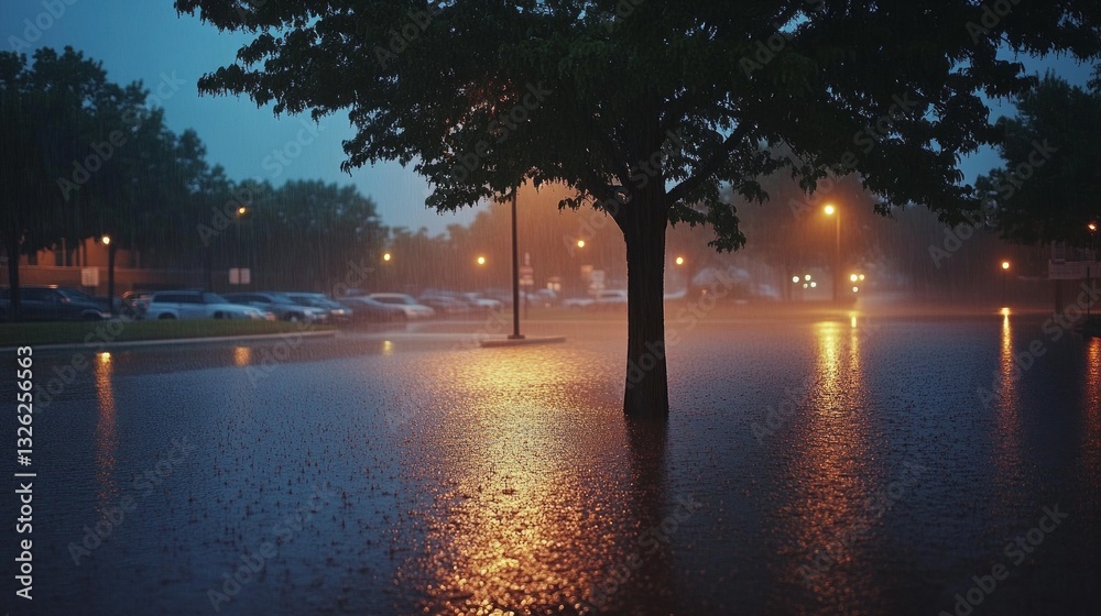 Poster heavy rain transforms the parking lot into a reflective pool, with a lone tree standing tall amidst 