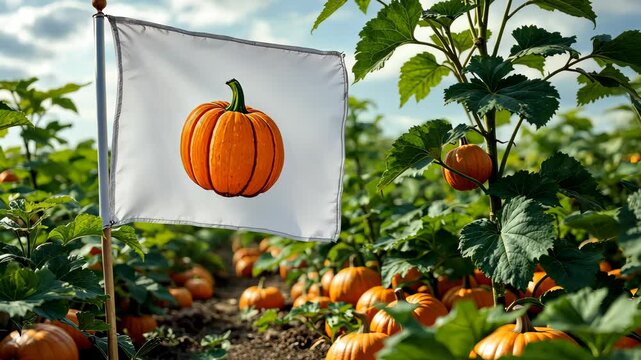 Pumpkin Patch Emblem: A captivating shot of a pumpkin patch, features a flag adorned with a vibrant pumpkin design. The rich tones of orange and green depict the essence of harvest season.