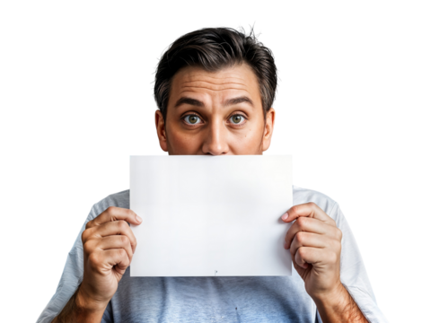 Man holding blank paper white sheet facial expression surprise shocked reaction empty space mockup closeup male portrait transparent background hombre sosteniendo papel en blanco hoja blanca expresión