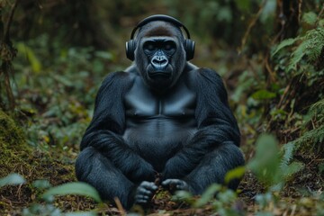 Fototapeta premium Gorilla wearing headphones sits calmly amidst lush green forested surroundings in nature