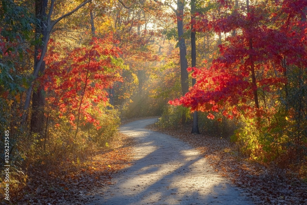 Poster colorful autumn path through vibrant trees illuminated by morning sunlight in a peaceful forest sett
