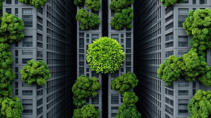 Futuristic Green City Concept with Trees and Sprouts in Urban Environment