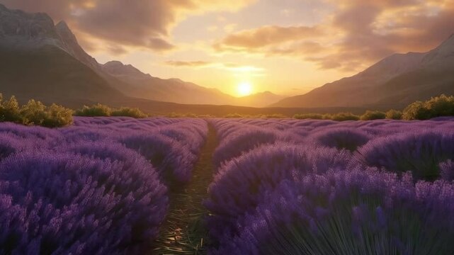 Close-up view of a lavender field at sunset with vibrant blooms and mountains in the distance