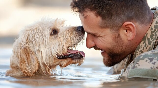 A soldier joyfully interacts with a dog in water, showcasing a heartwarming bond between humans and pets.