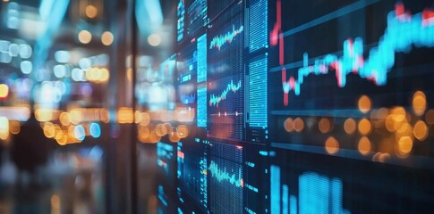 Abstract stock market chart with glowing neon graphs and data streams conveying financial investment and analysis concepts in a vibrant, modern office background