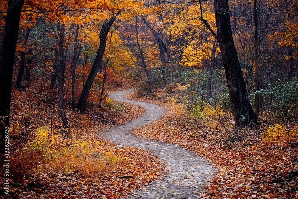Poster winding path through a colorful forest during autumn showcasing vibrant foliage and serene nature