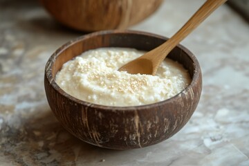 Homemade Organic Coconut Yogurt in Rustic Wooden Bowl - Creamy Probiotic Food for Gut Health and a Vegan Ketogenic Diet