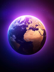 A vibrant depiction of Earth surrounded by a cosmic atmosphere, showcasing continents illuminated with purple and blue hues.