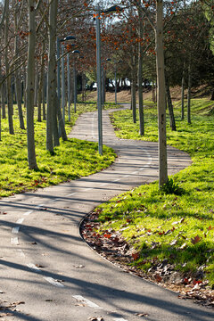 Winding bike lane surrounded by trees and grass in Sant Cugat del Vall&egrave;s, Spain. Scenic cycling path promoting eco-friendly transportation and outdoor recreation.
