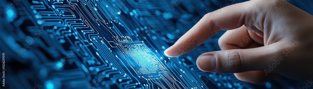 Poster high-tech digital interface concept with hand touching circuit board in futuristic setting