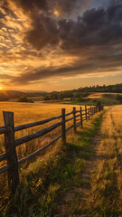 Obraz premium A rustic wooden fence stretching across a golden field under a dramatic sunset sky.