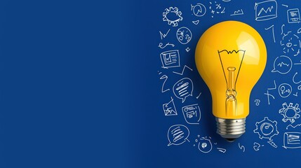 Bright Yellow Lightbulb with Innovation Concepts and Vibrant Sketches on Blue Background