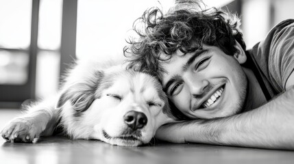 A joyful young man lies beside a peacefully sleeping dog, showcasing a bond of friendship and comfort in a cozy indoor setting.