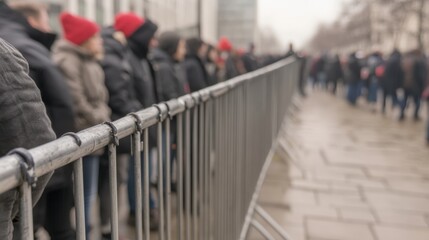 Crowd waiting in line, metal barrier