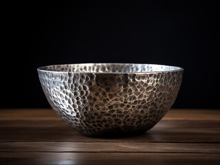 Obraz premium Beaten silver bowl with regular hammer dimples, light catching on points, artisanal finish