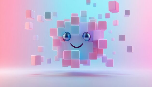 A smiling cubic face constructed of various colored squares floating