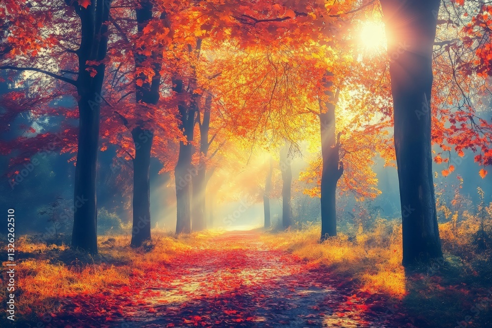 Poster autumn trail lined with vibrant foliage and soft sunlight in a tranquil forest setting during early 
