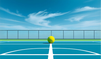 Tennis ball on blue court, white lines, fence, and blue sky with wispy clouds.