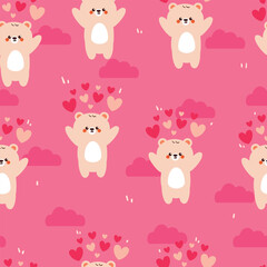 seamless pattern cute cartoon bear with pink clouds and heart shower. cute animal pattern for wallpaper, background and gift wrap paper