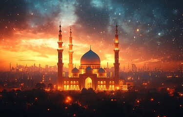 Majestic Mosque Silhouette Against Vibrant Sunset Sky
