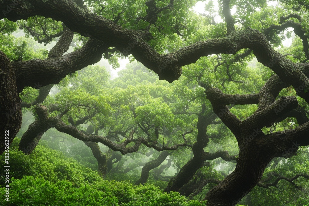 Poster lush green tree canopy in a misty forest showcasing twisted branches and vibrant foliage